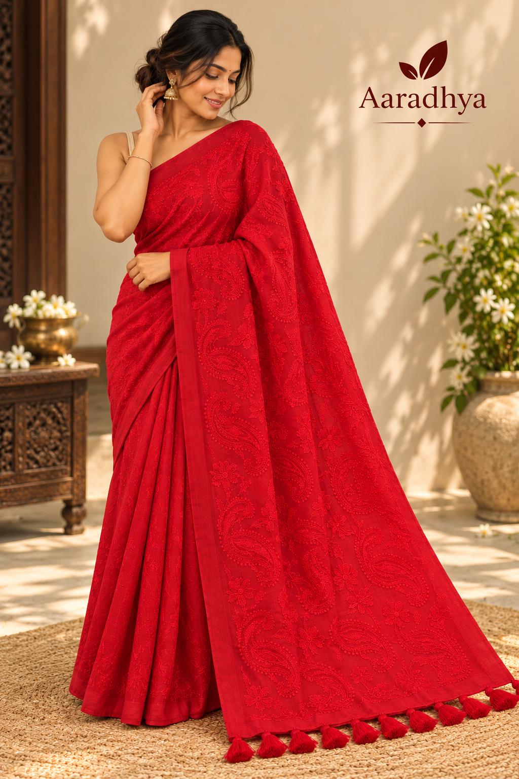 Chikankari Embroidery | Red Mul Cotton Saree