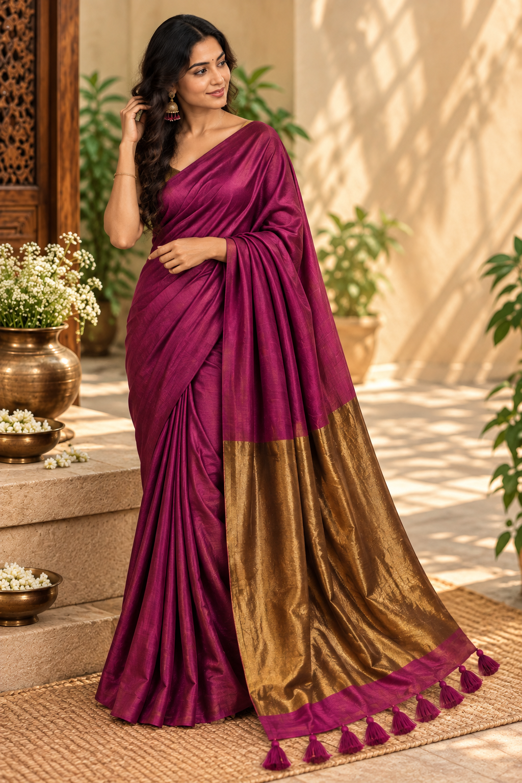 Golden Zari Pallu | Wine Modal Cotton Saree