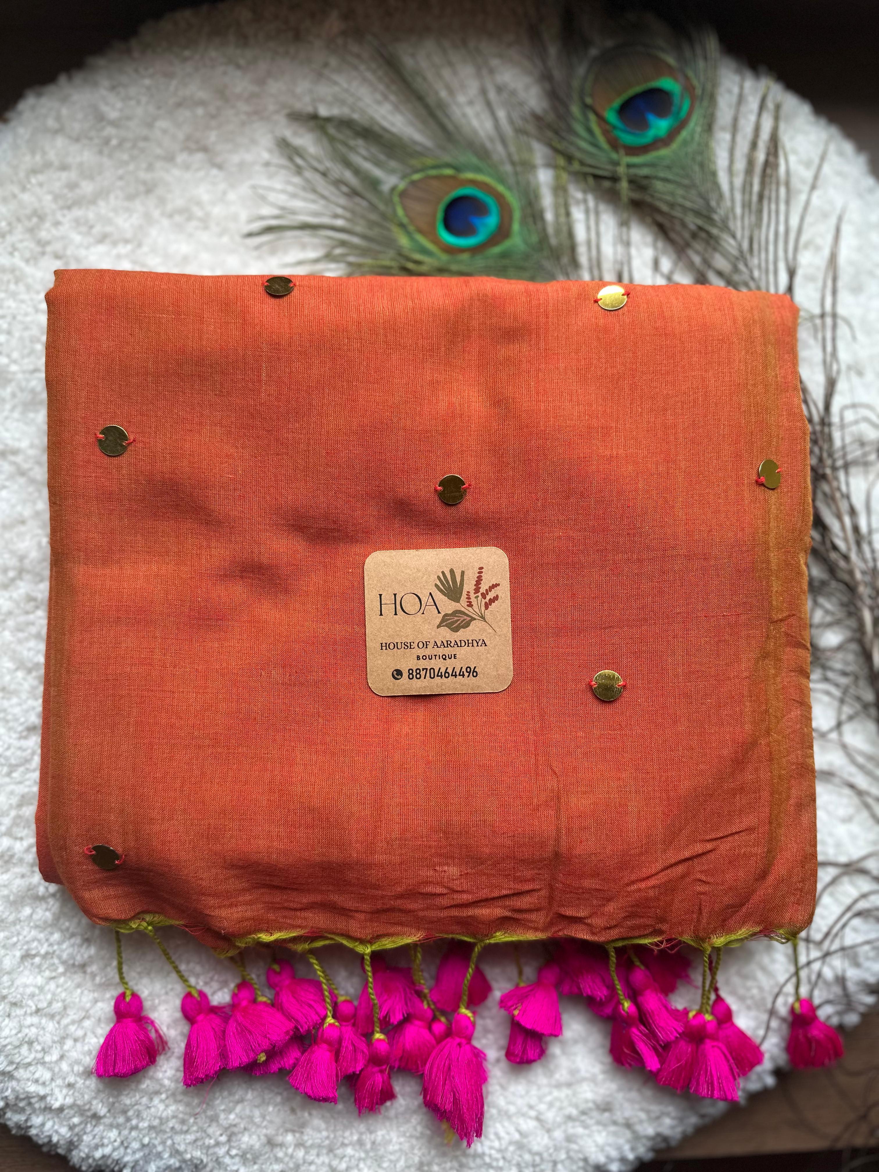 GINI Work |  Rust Orange Soft Cotton Saree