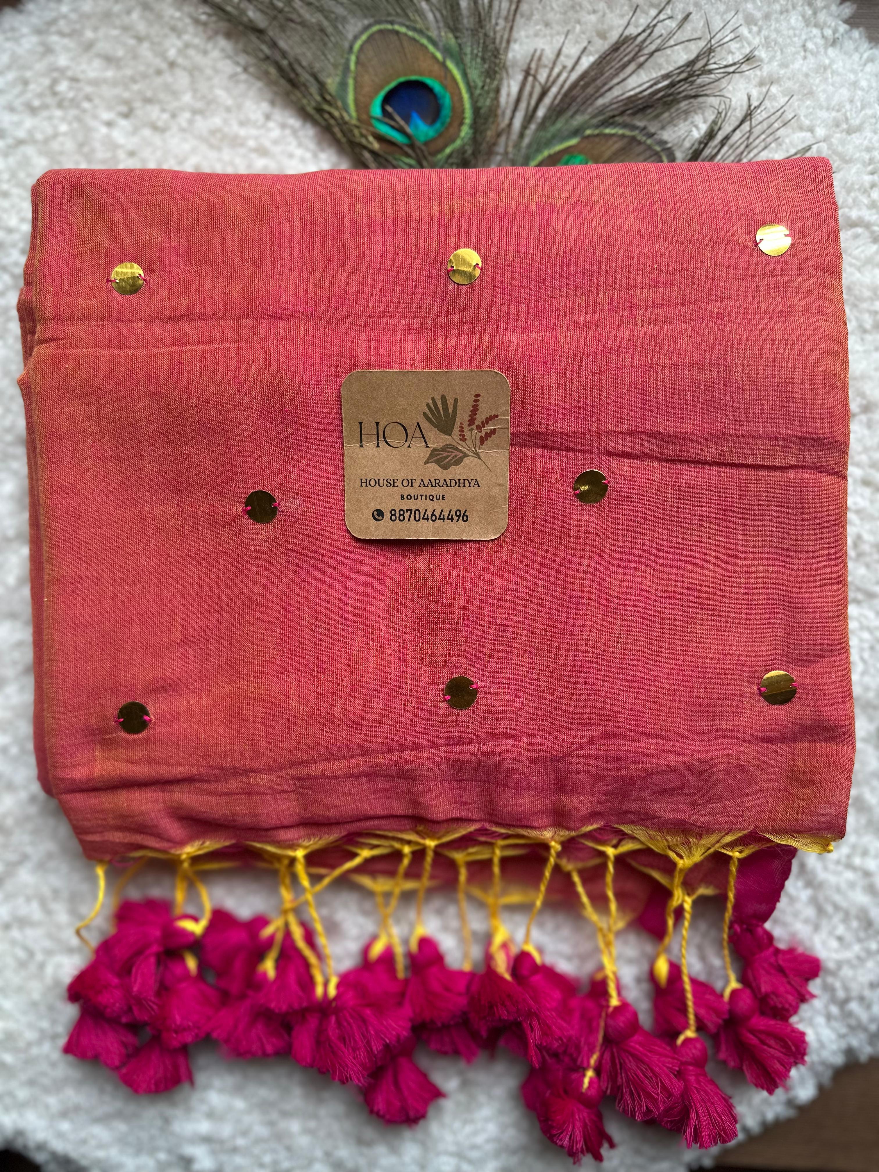 GINI Work |  Tomato By Yellow Thread Soft Cotton Saree
