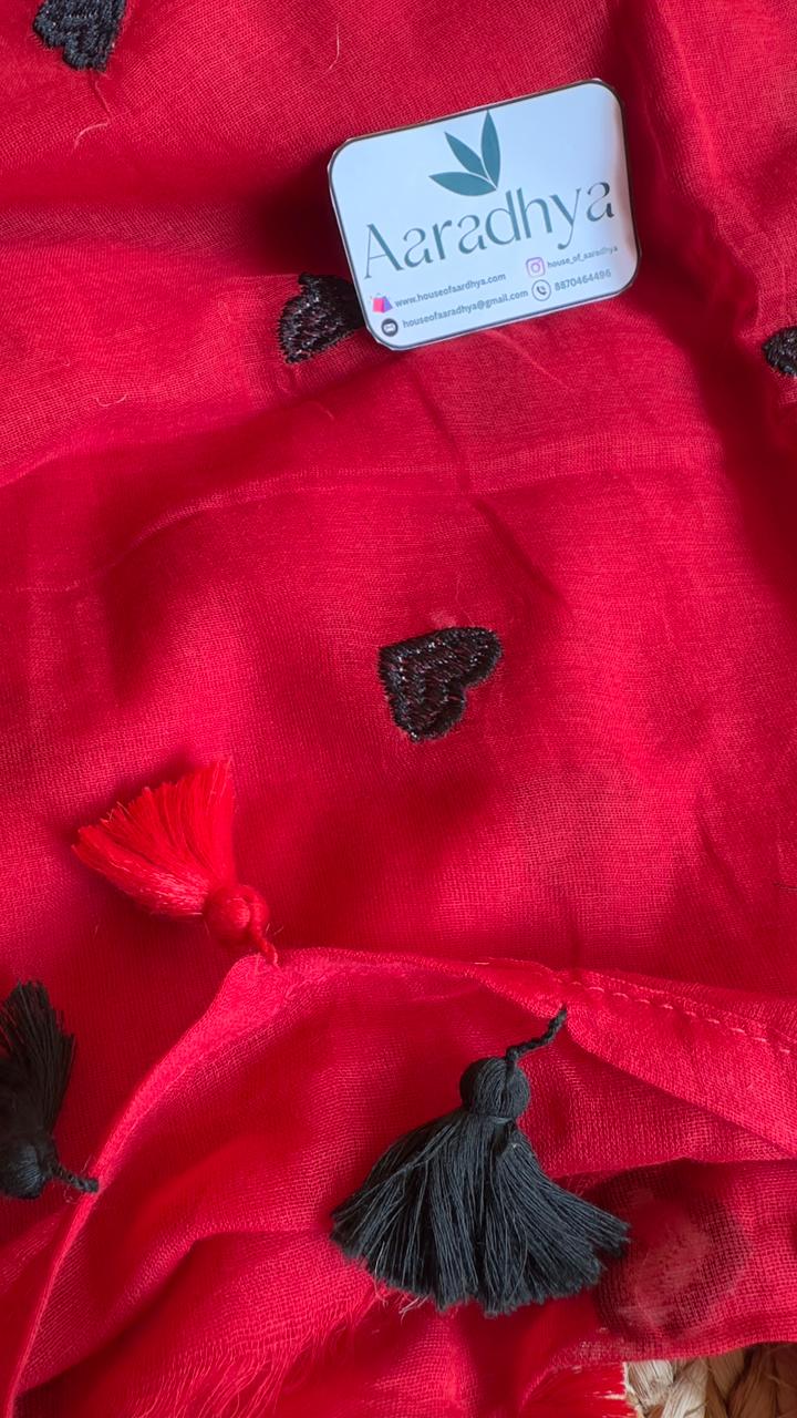 Heart Embroidery | Red Mul Cotton Saree