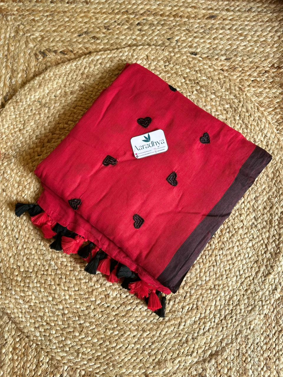 Heart Embroidery | Red Mul Cotton Saree