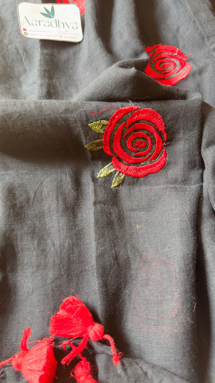 Rose Embroidery | Black Mul Cotton Saree