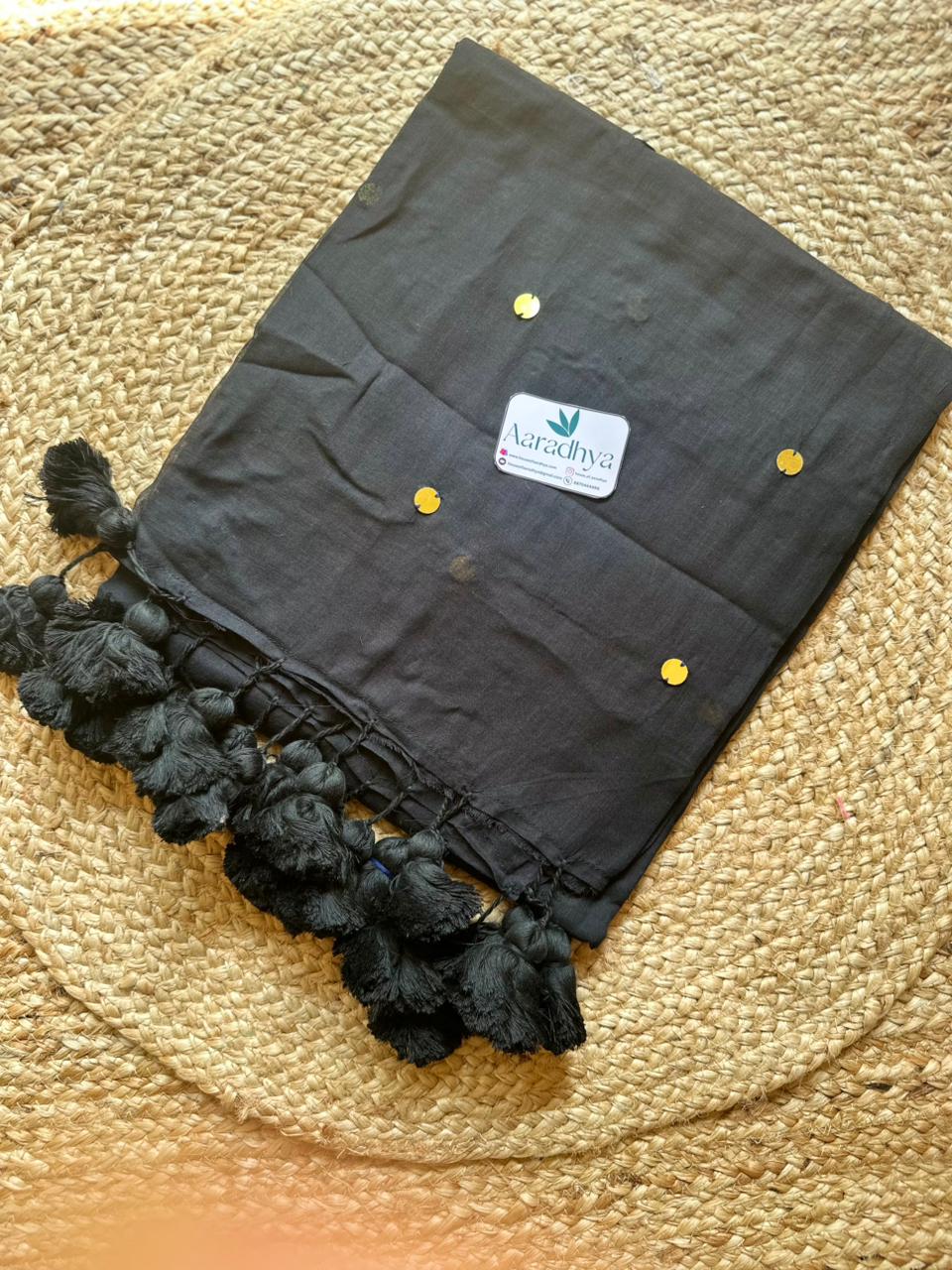 Gini Work |  Black Mul Cotton Saree