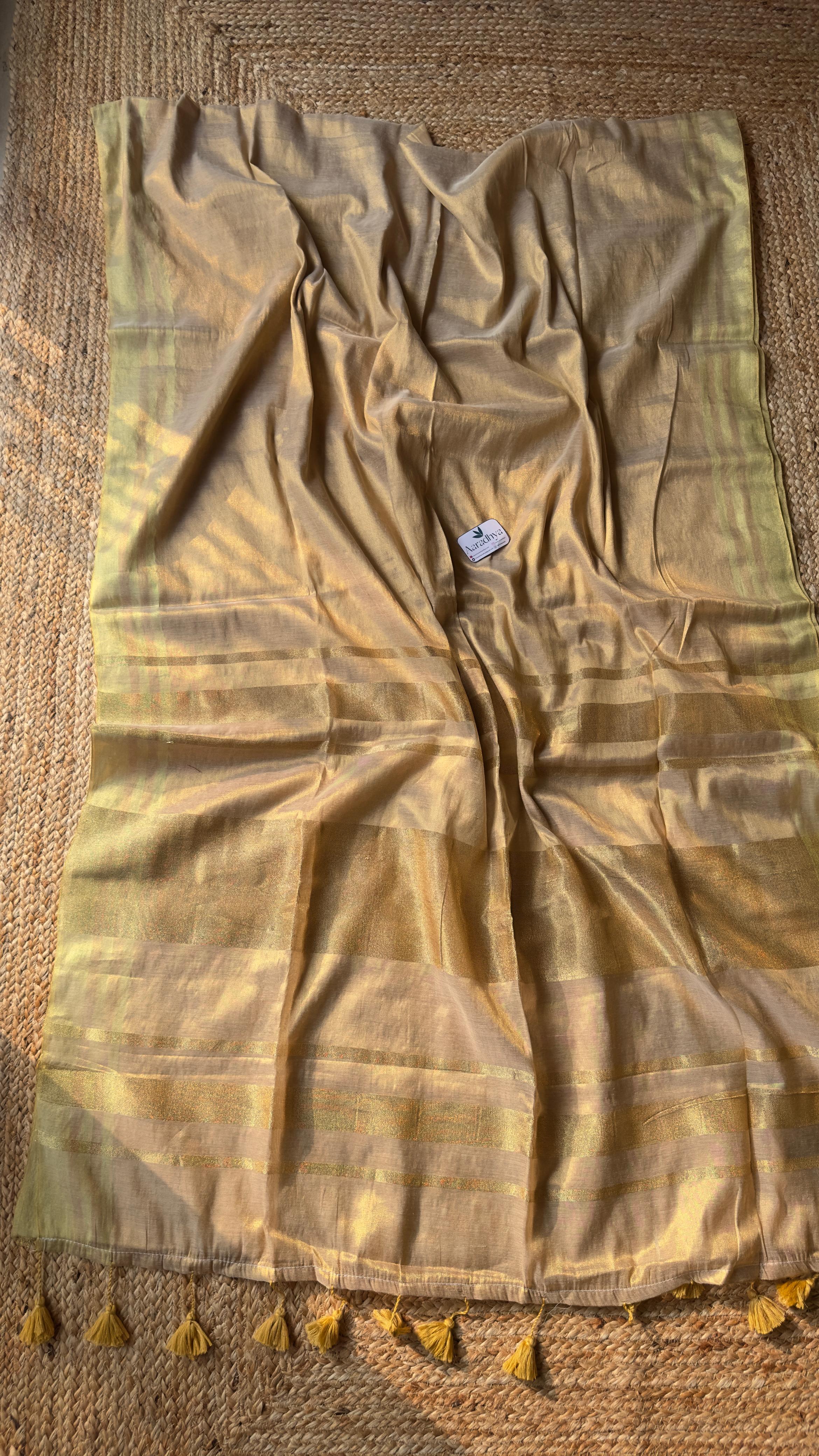 Mul Tissue Saree|  Light Gold Onam Style