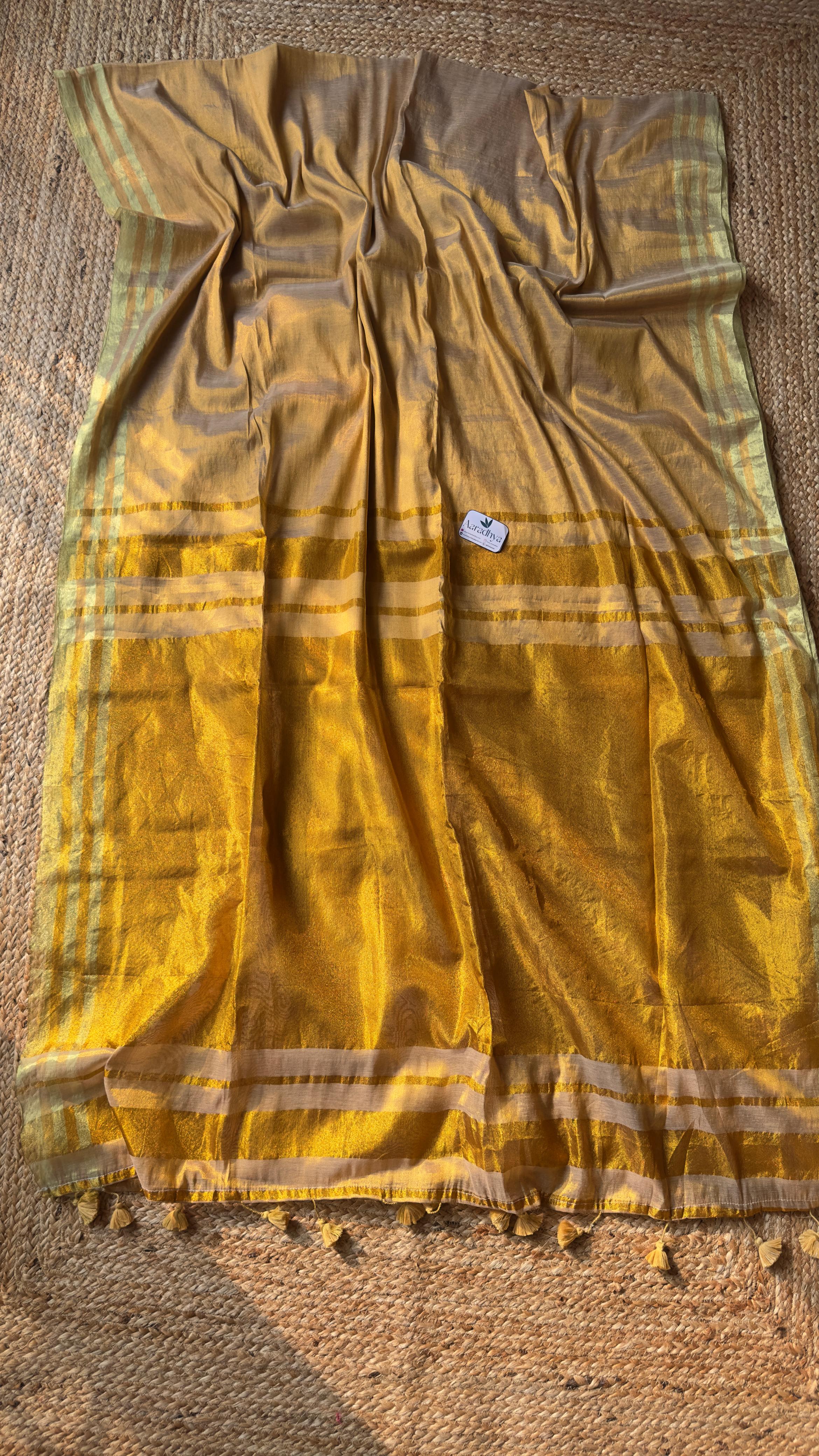 Mul Tissue Saree|  Bright Gold Onam Style