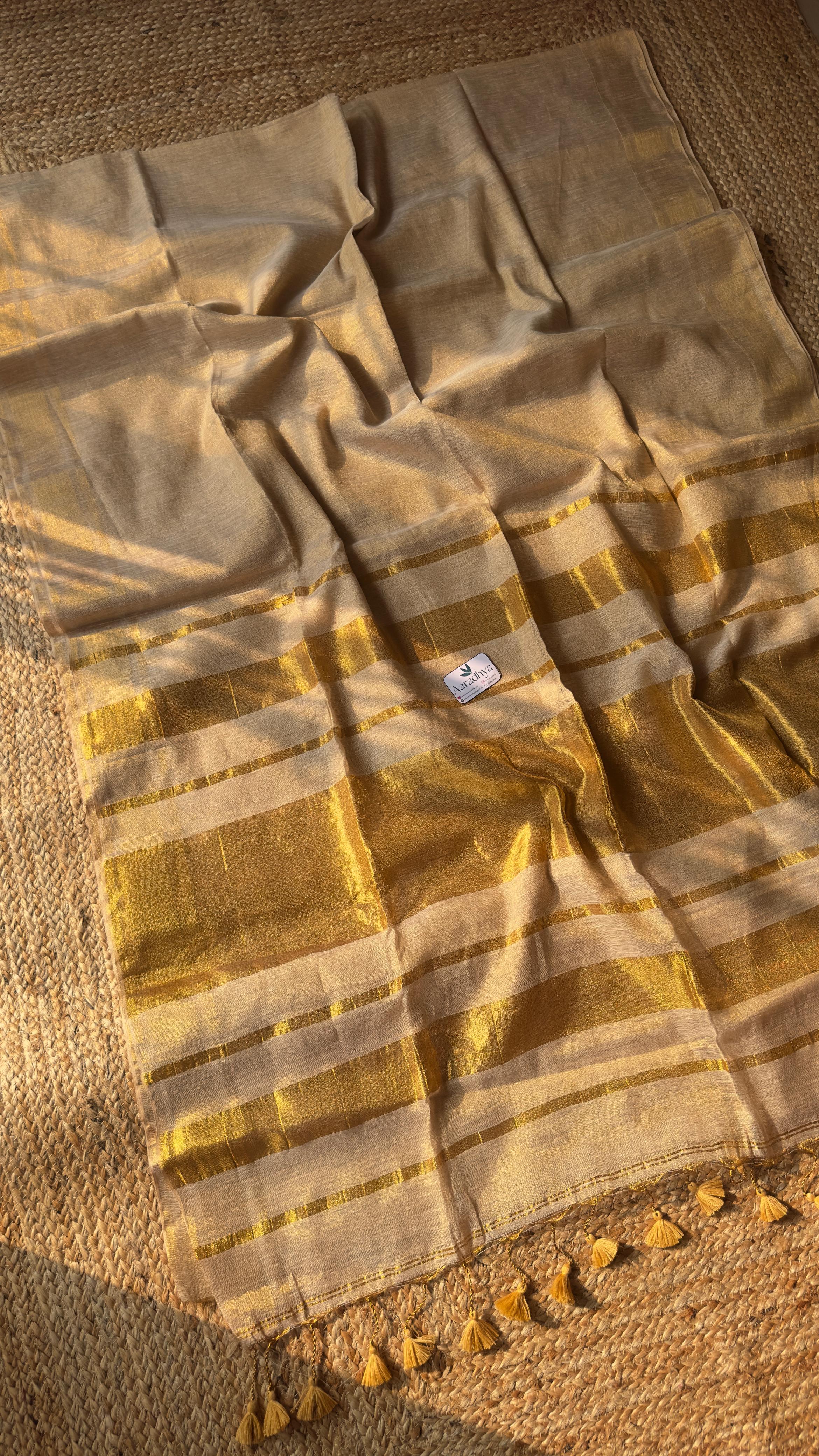 Kerala Style Gold Pallu Saree| Golden Linen Tissue Saree