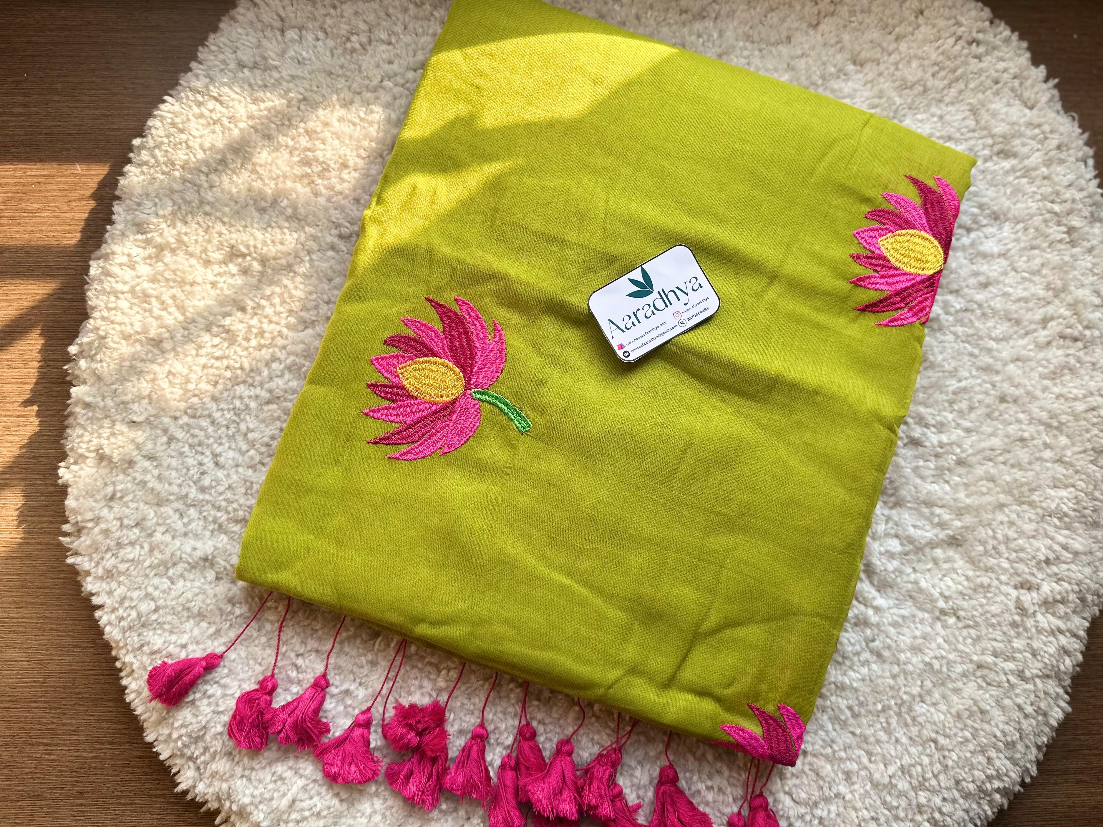 Lotus Embroidery |Green Mul Cotton Saree