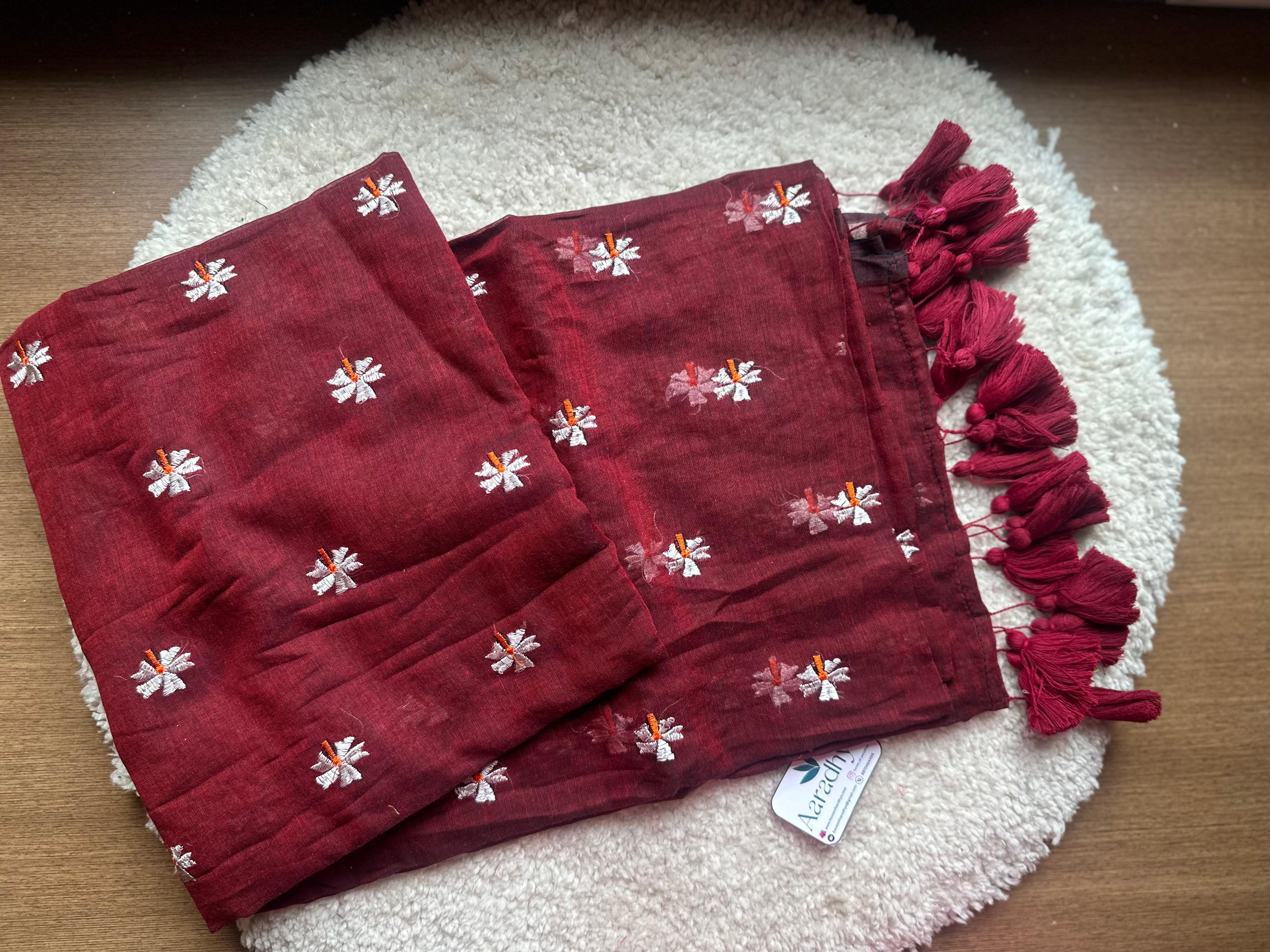 Prajakta Embroidery | Maroon Mul Cotton Saree