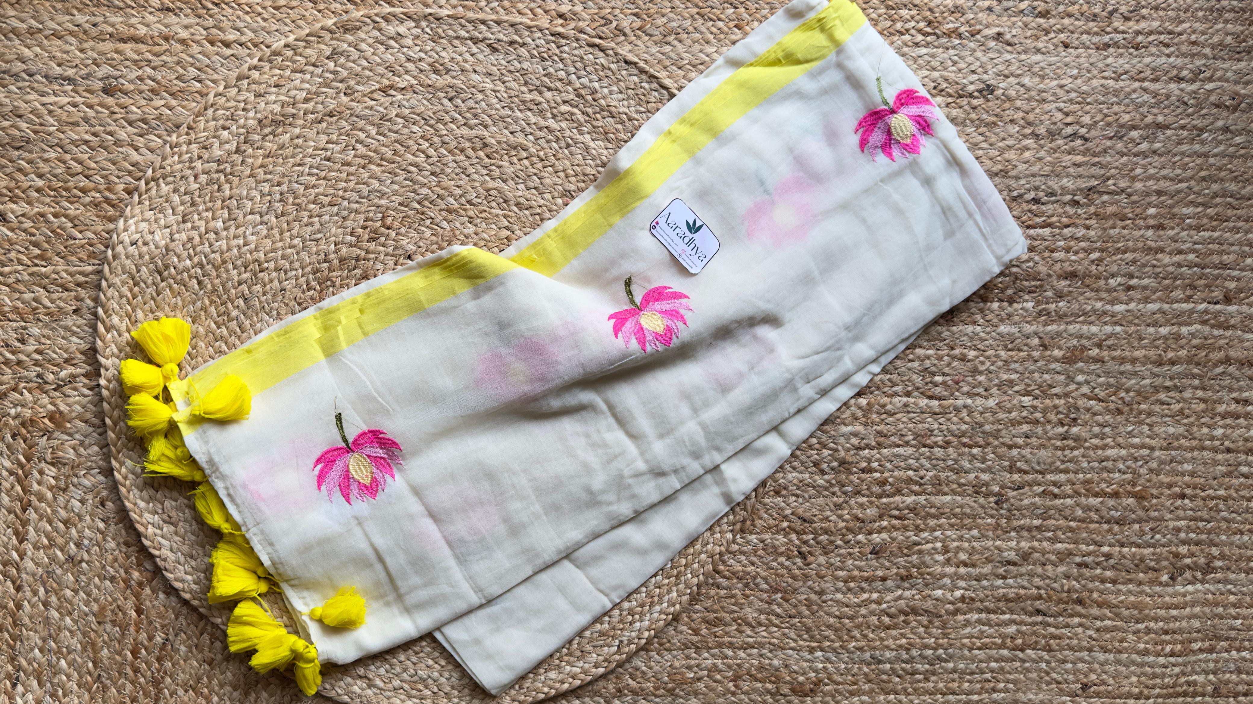 Lotus Embroidery | off white Mul Cotton Saree