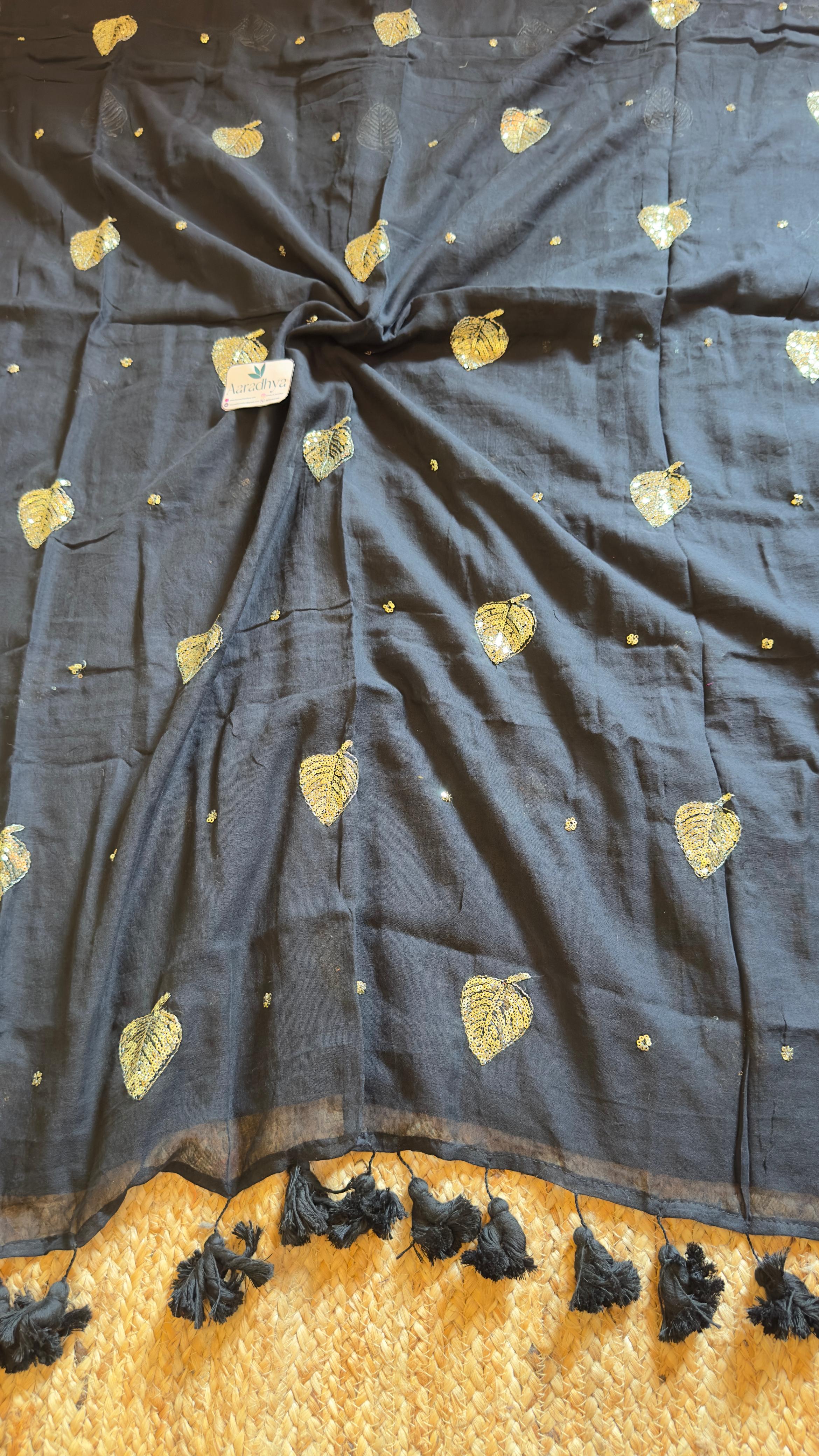 Party Wear Leaf Sequins Work | Black Mul Cotton Saree