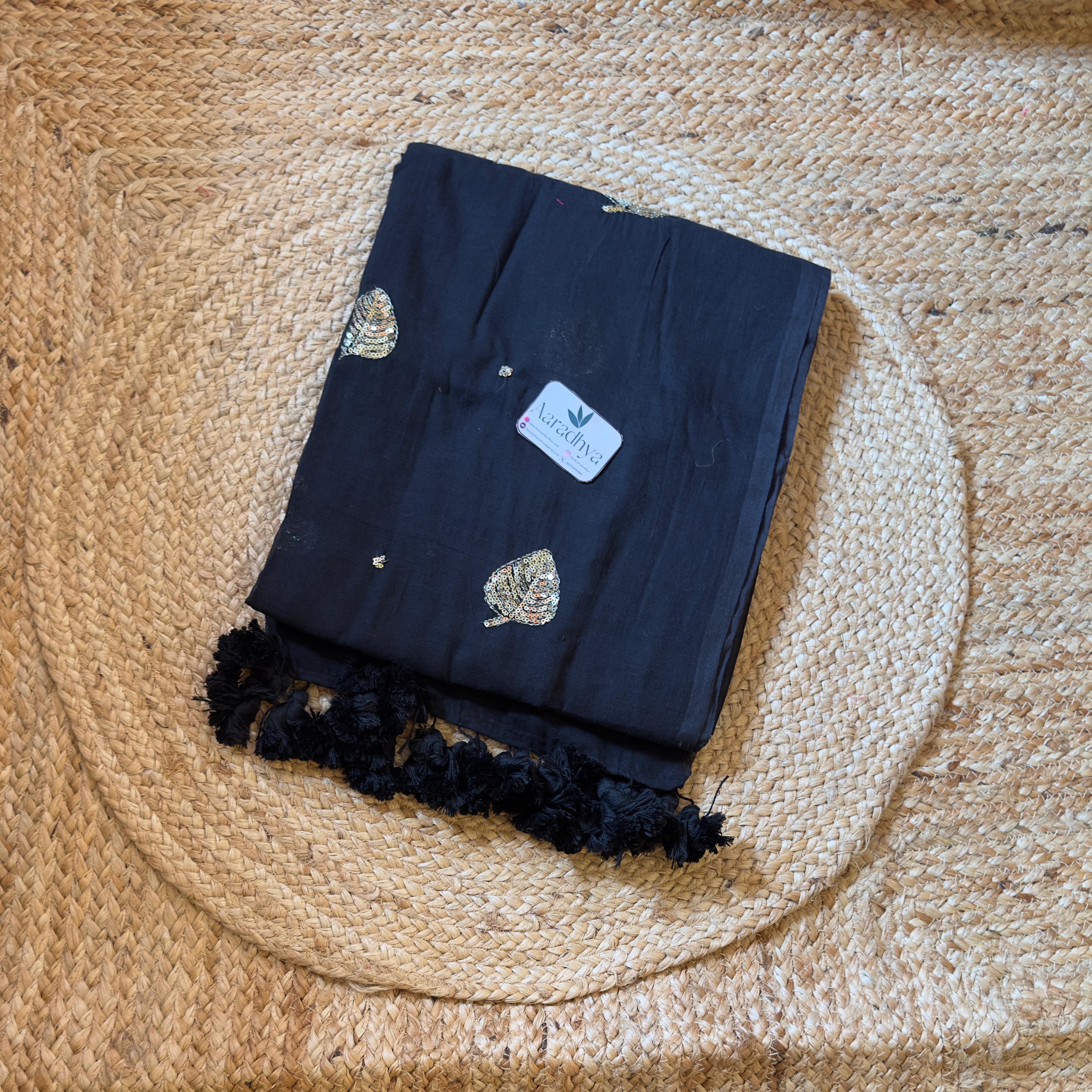 Party Wear Leaf Sequins Work | Black Mul Cotton Saree