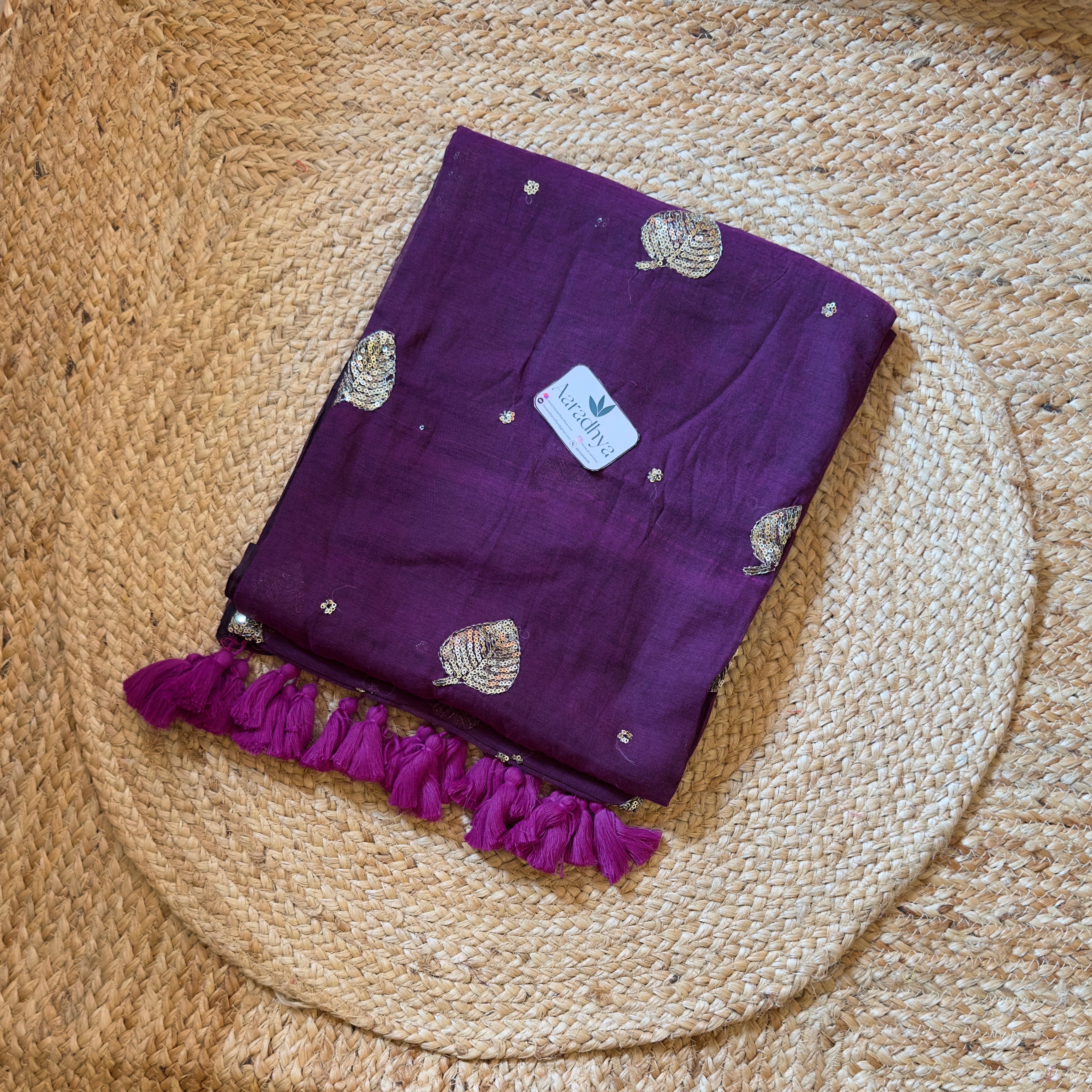 Party Wear Leaf Sequins Work | Purple Mul Cotton Saree