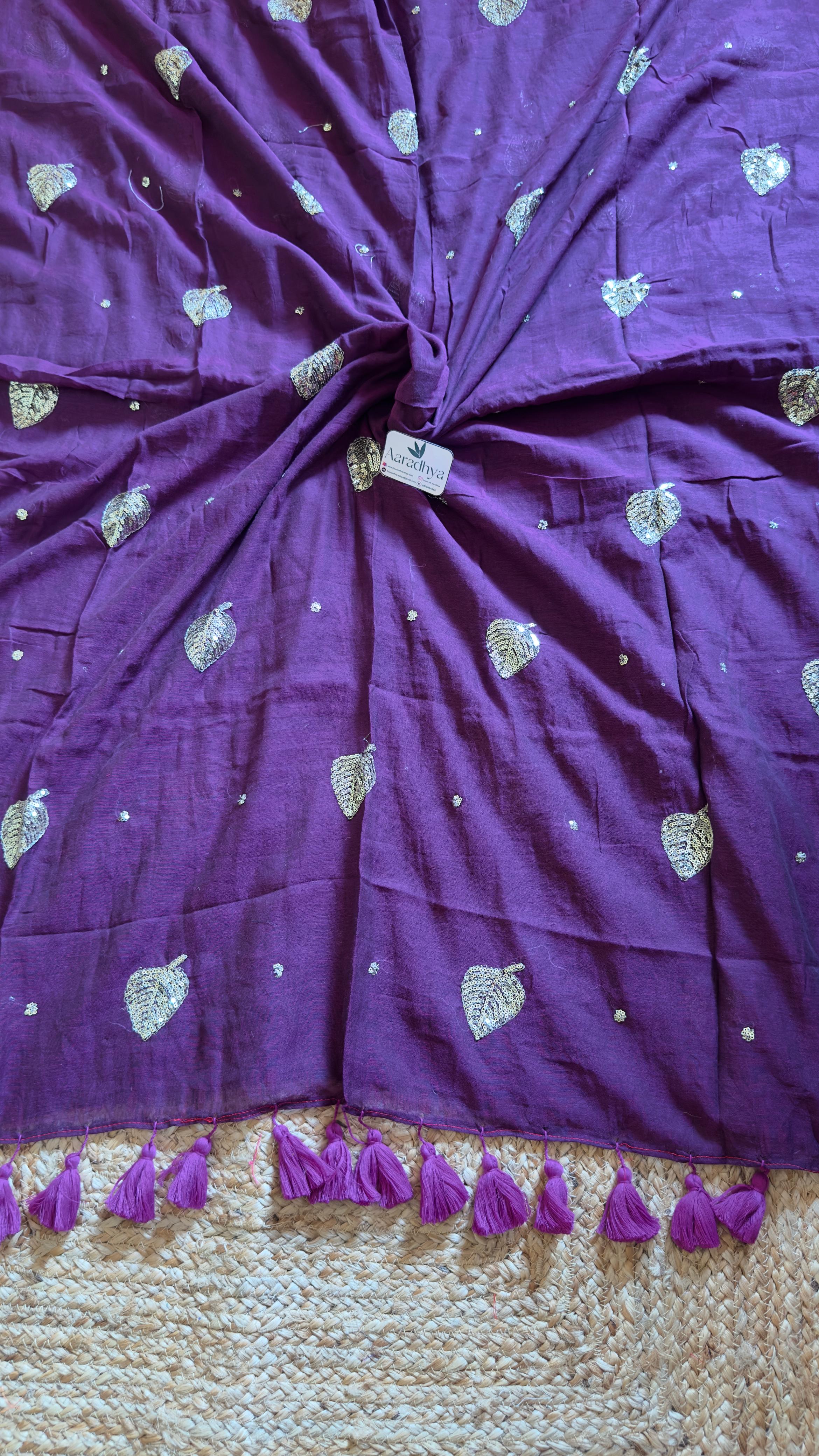 Party Wear Leaf Sequins Work | Purple Mul Cotton Saree