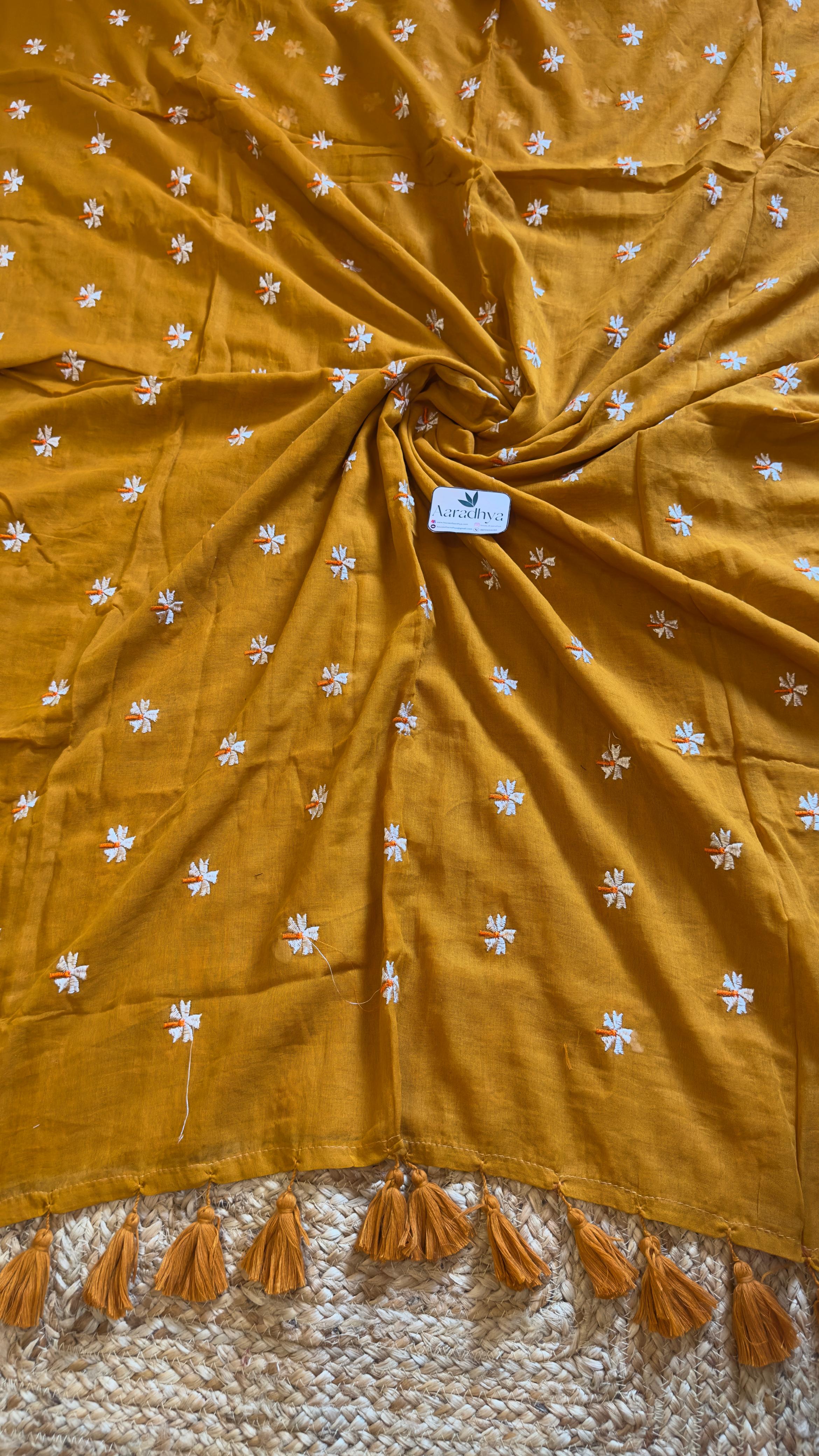 Prajakta Embroidery | Mustard Yellow Mul Cotton Saree