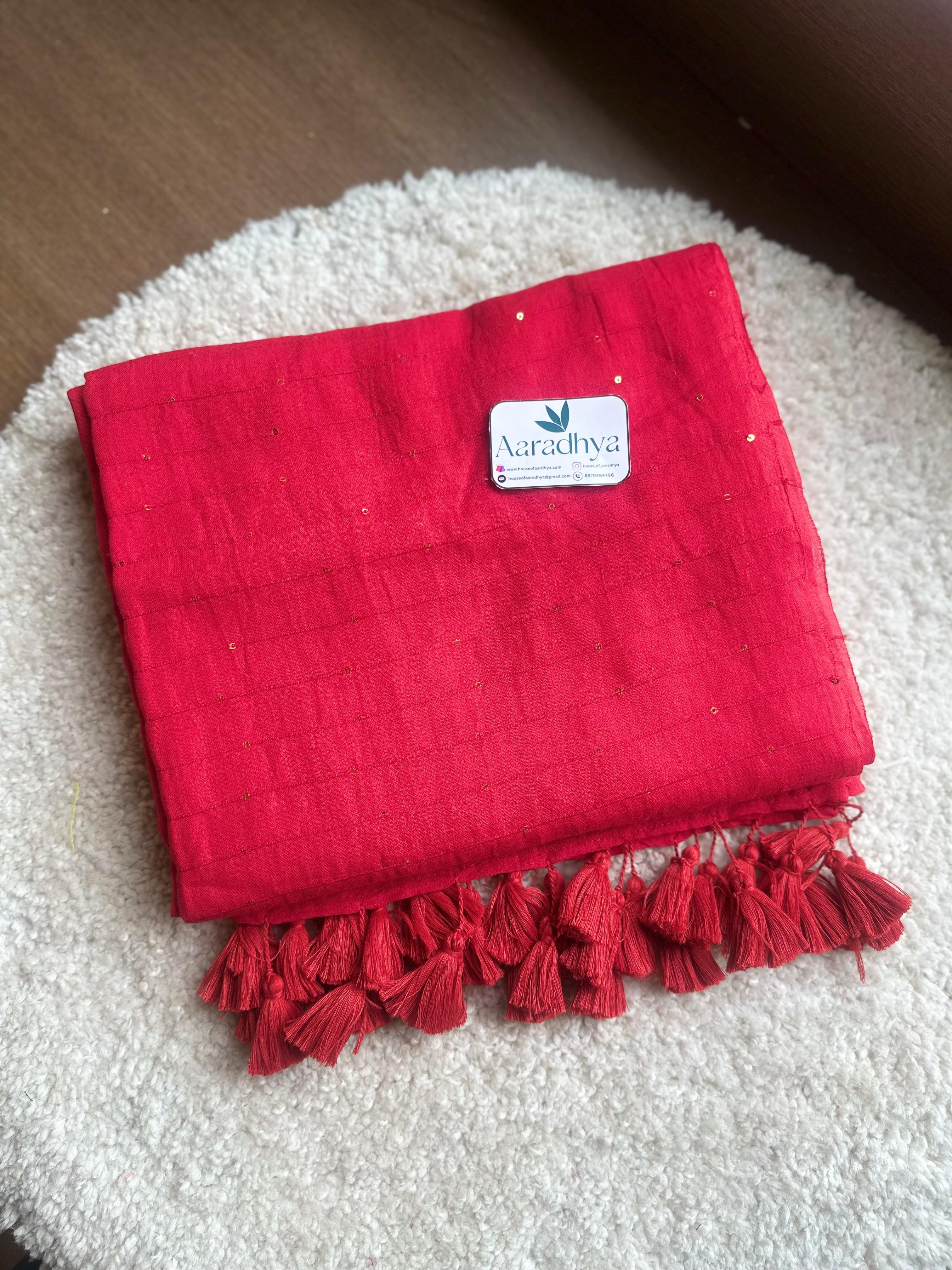 Small Sequins Work | Red Mul Cotton Saree