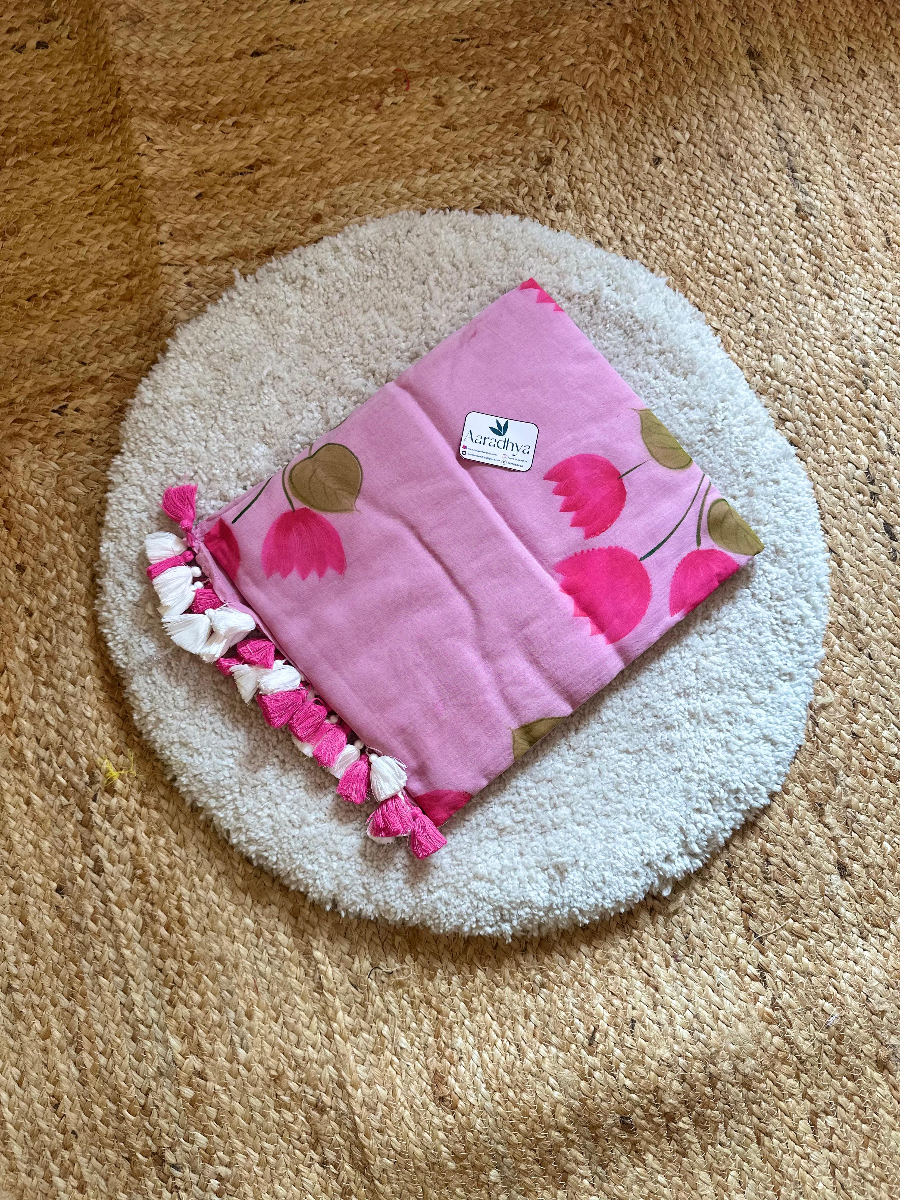 Lotus Hand Painted |Pink Mul Cotton Saree