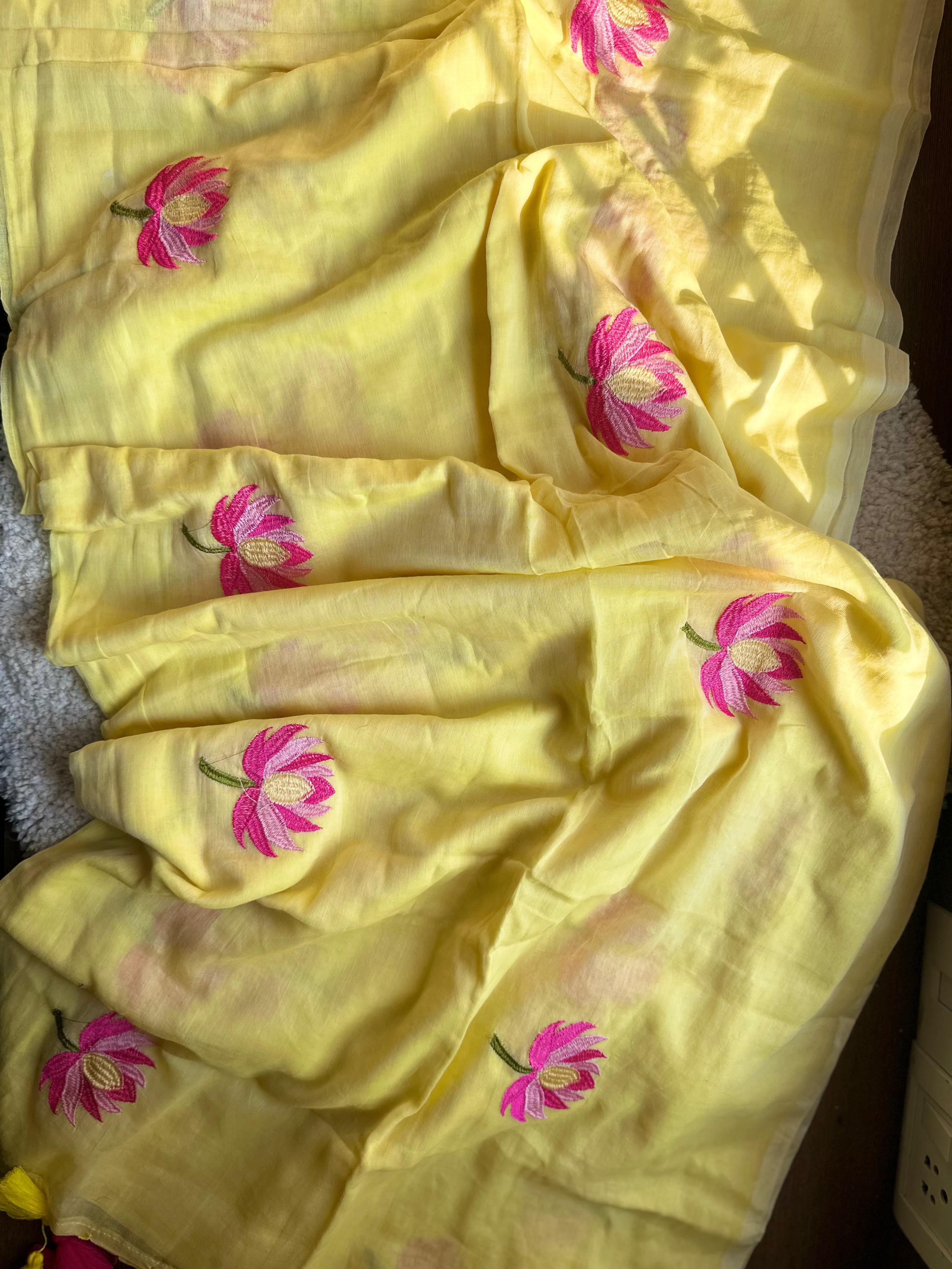 Lotus Embroidery | Lemon Yellow Mul Cotton Saree