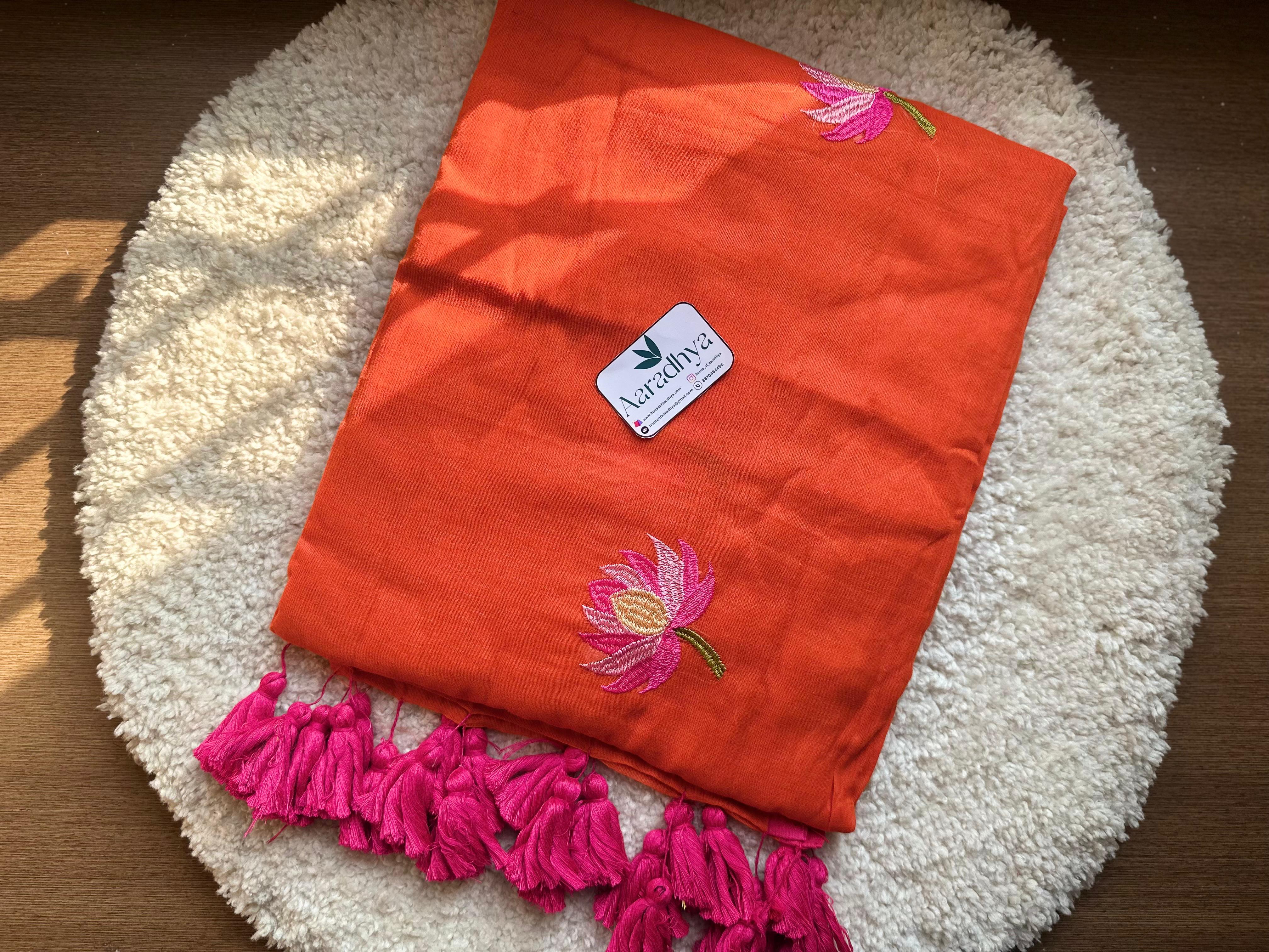 Lotus Embroidery |Orange Mul Cotton Saree