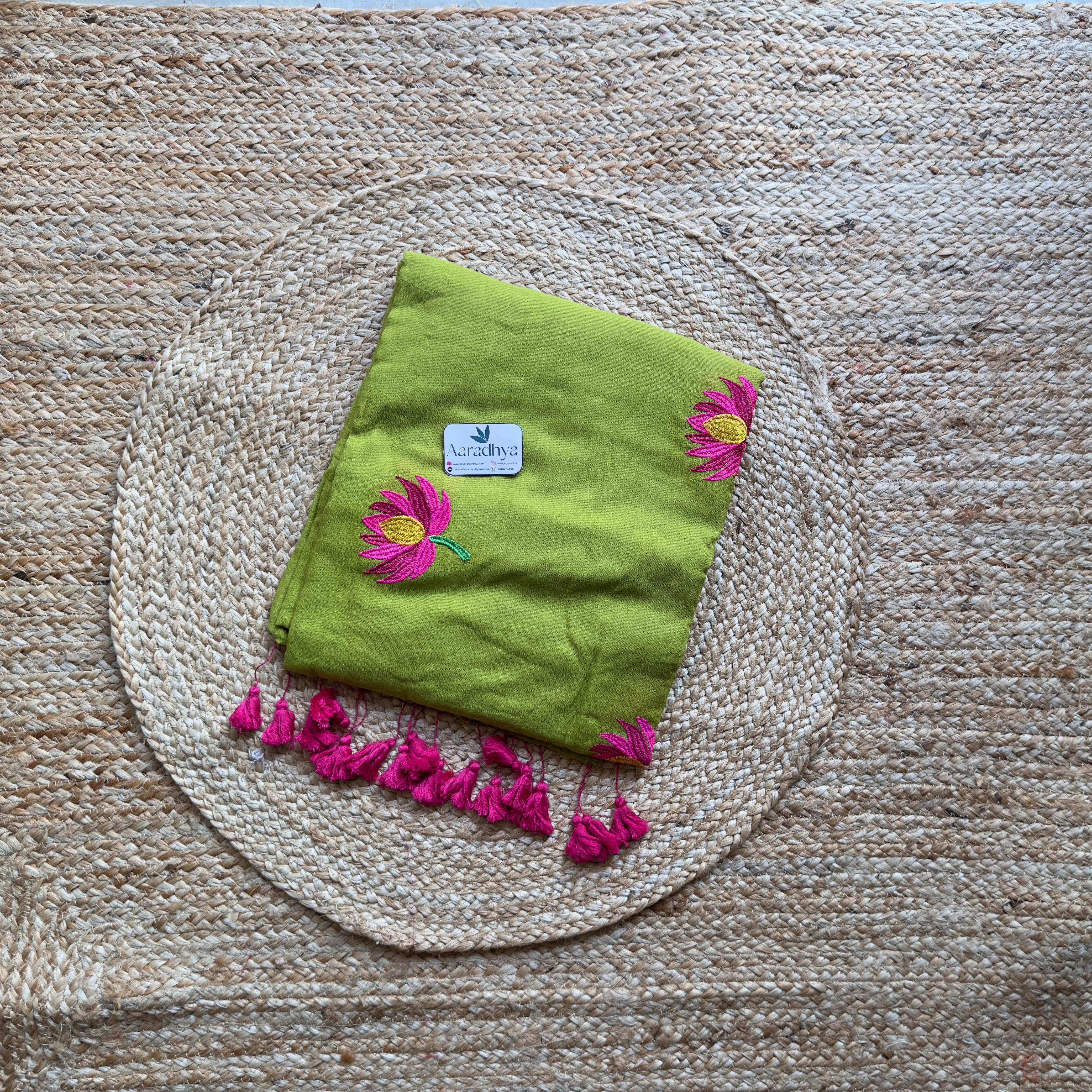 Lotus Embroidery |Green Mul Cotton Saree